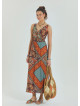 V Neck Robe Coffee Patterned Long Dress 4558